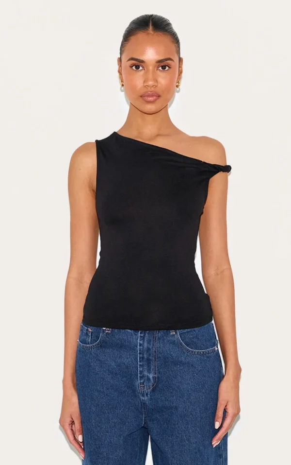 Black Soft Cotton Twist Detail Long Vest Top