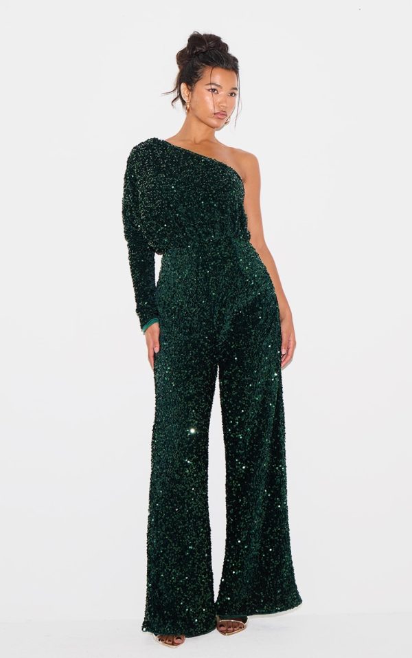 Emerald Green Velvet Sequin One Shoulder Wide Leg Jumpsuit