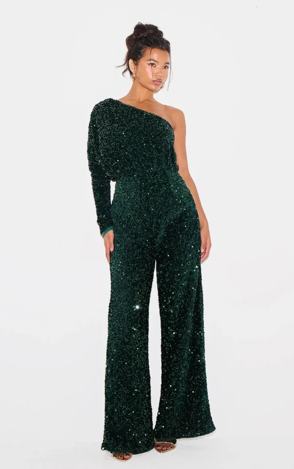 Emerald Green Velvet Sequin One Shoulder Wide Leg Jumpsuit