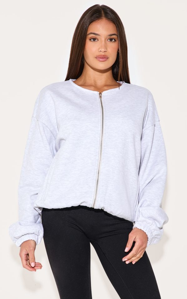 Ash Grey Premium Oversized Boxy Collarless Zip Sweat Top