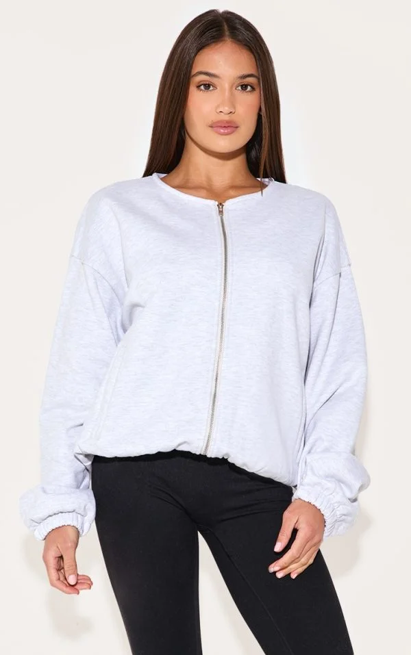 Ash Grey Premium Oversized Boxy Collarless Zip Sweat Top