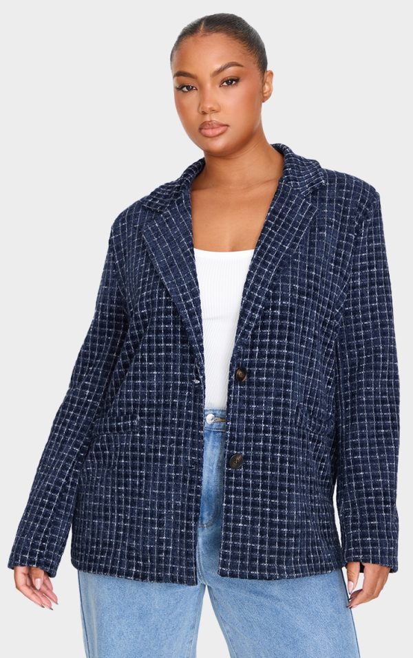 Plus Navy Boucle Check Blazer