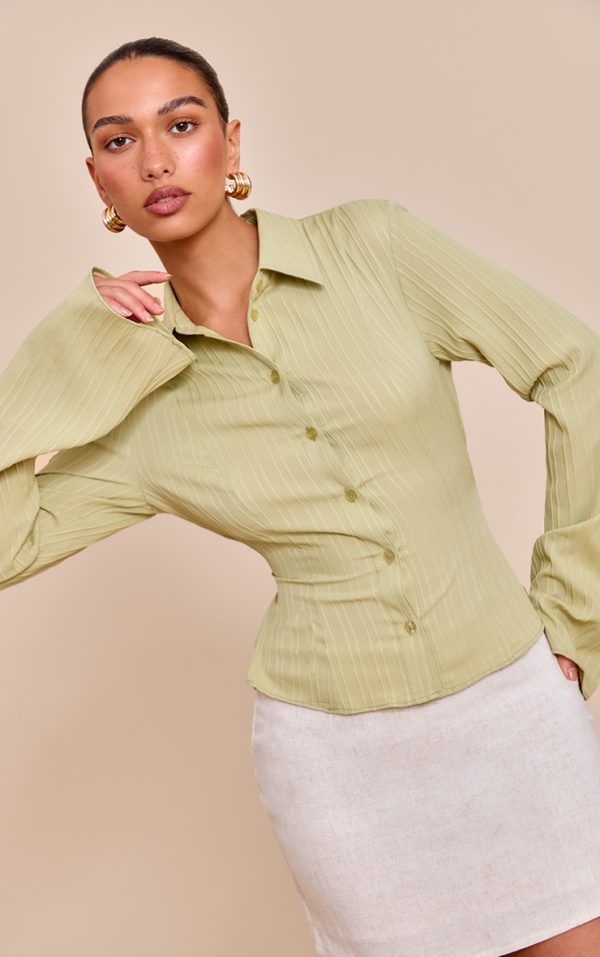 Sage Green Textured Satin Tie Back Shirt