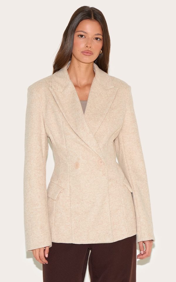 Taupe Double Breasted Asymmetric Wool Look Blazer