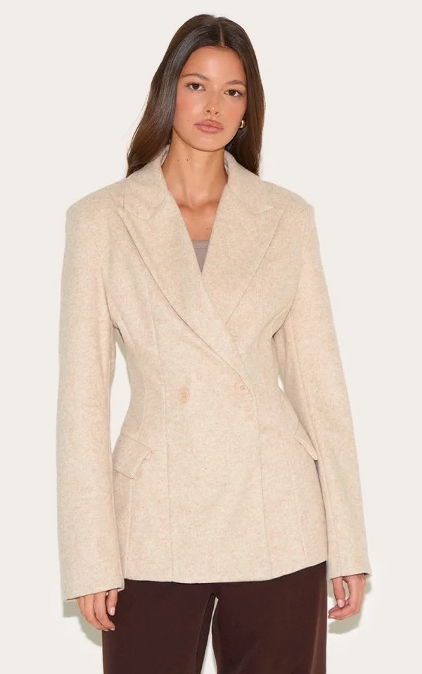Taupe Double Breasted Asymmetric Wool Look Blazer