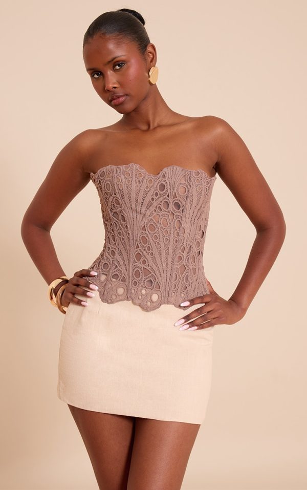 Mushroom Textured Sheer Floral Lace Corset