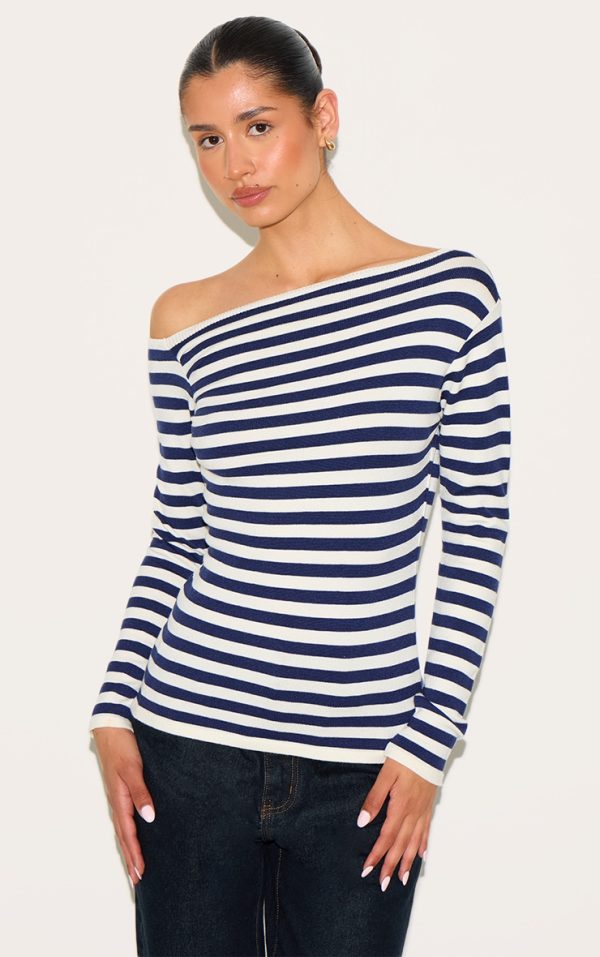 Tall Blue Asymmetric Stripe Knitted Top