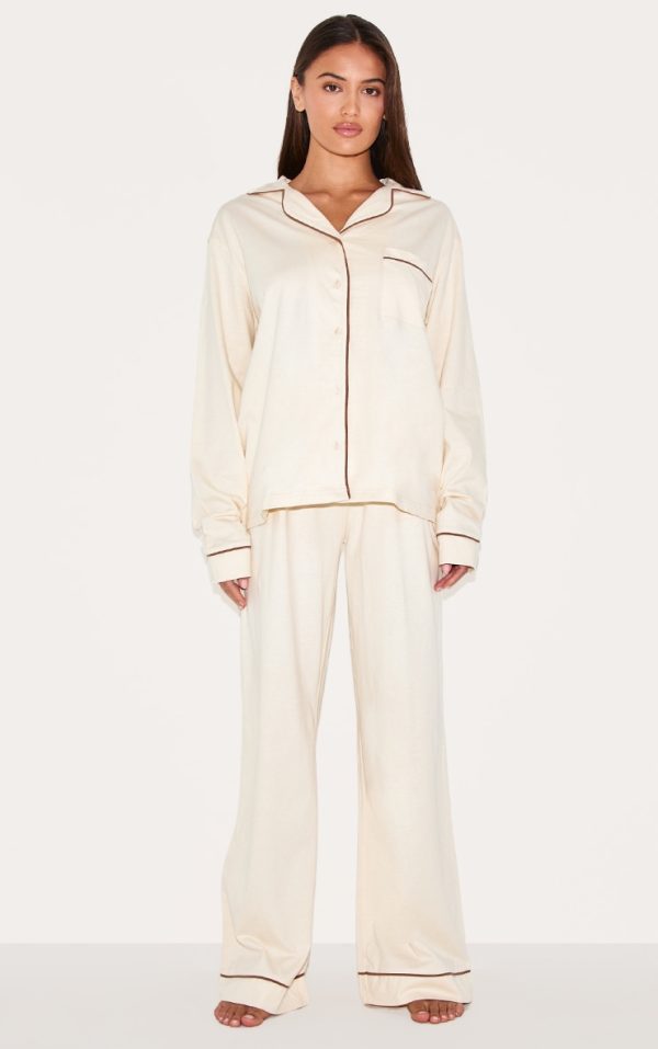 Cream Jersey Contrast Piping Detail Long Pj Set
