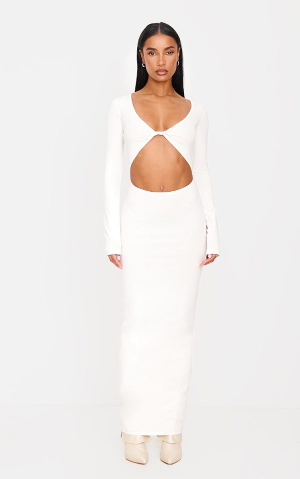 Cream Cotton Twist Cut Out Long Sleeve Midaxi Dress