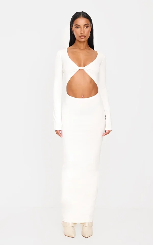 Cream Cotton Twist Cut Out Long Sleeve Midaxi Dress