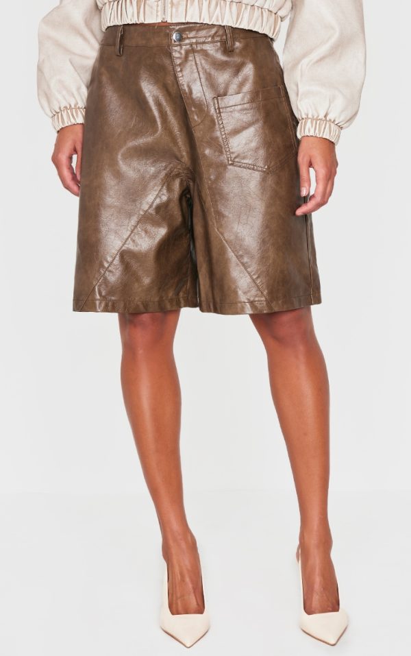 Premium Brown Washed Faux Leather Oversized Long Shorts