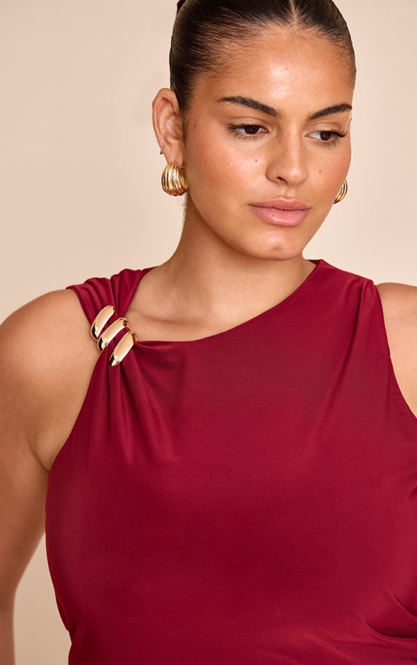 Plus Wine Double Layer Slinky Trim Detail Long Vest Top
