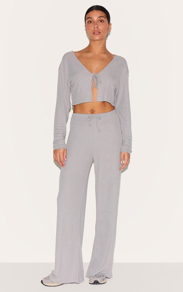 Petite Ash Grey Soft Ribbed Wide Leg Pants