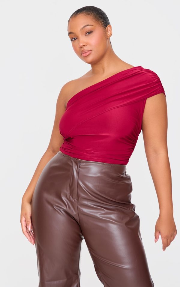 Plus Burgundy Slinky Overlay One Shoulder Top