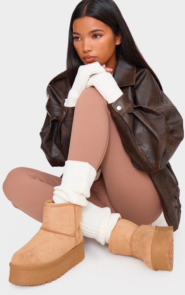 Sand Faux Suede Cleated Ankle Platform Boots
