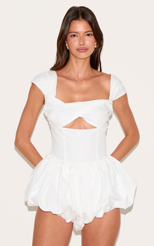 White Woven Puffball Cap Sleeve Romper