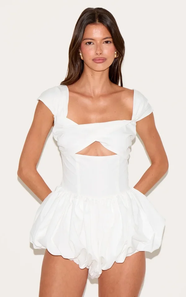 White Woven Puffball Cap Sleeve Romper