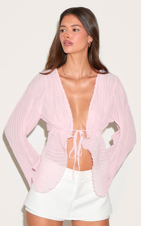 Pale Pink Sheer Plisse Tie Front Flute Sleeve Blouse