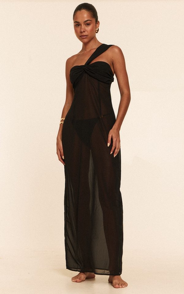 Black Ruched Chiffon Maxi Beach Dress