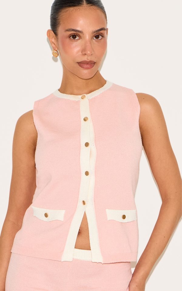 Petite Baby Pink Knitted Contrast Detail Long Button Top