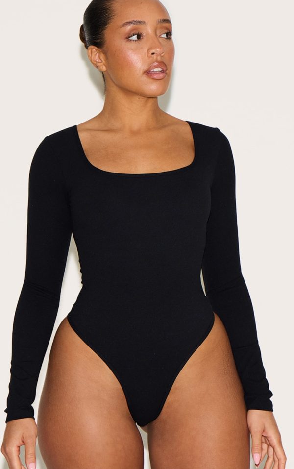 Shape Black Built In Bra Sculpt Square Neck Long Sleeve Bodysuit