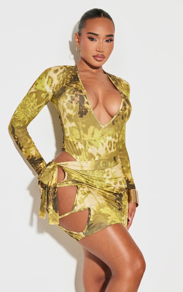 Shape Green Floral Animal Printed Slinky Cut Out Tie Detail Mini Skirt