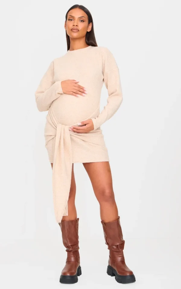 Maternity Stone Brushed Waffle Tie Front Mini Dress