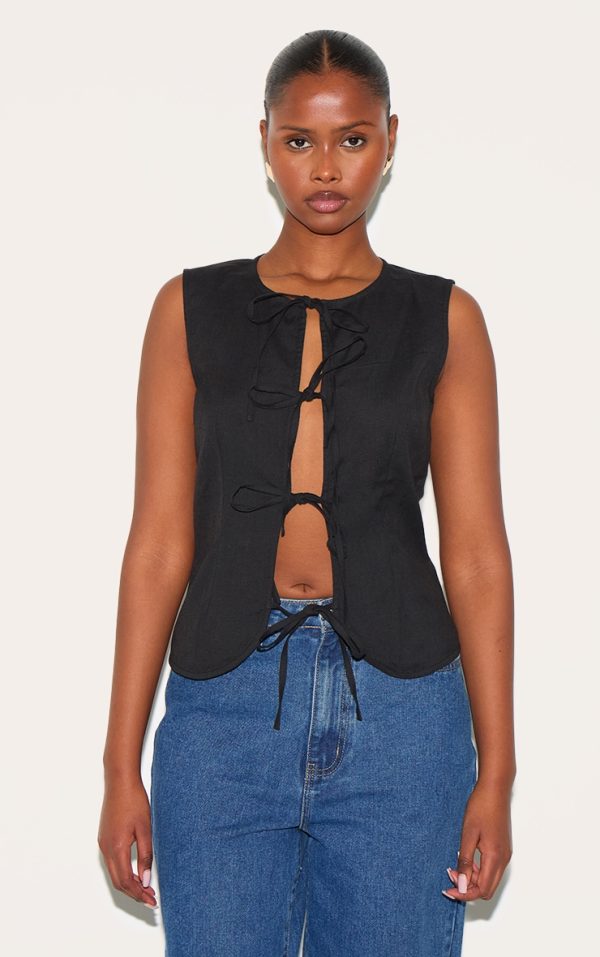 Black Lightweight Woven Tie Front Vest