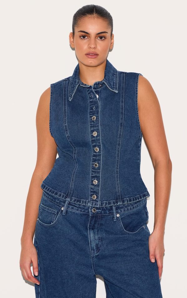 Plus Dark Blue Denim Collar Vest