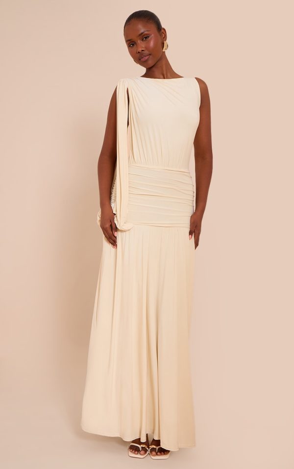 Butter Cream Double Layer Slinky Ruched One Shoulder Maxi Dress