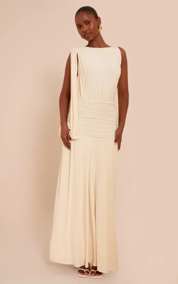 Butter Cream Double Layer Slinky Ruched One Shoulder Maxi Dress