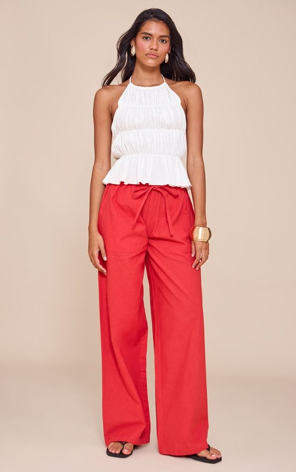 Tomato Red Linen Drawstring Waist Pants