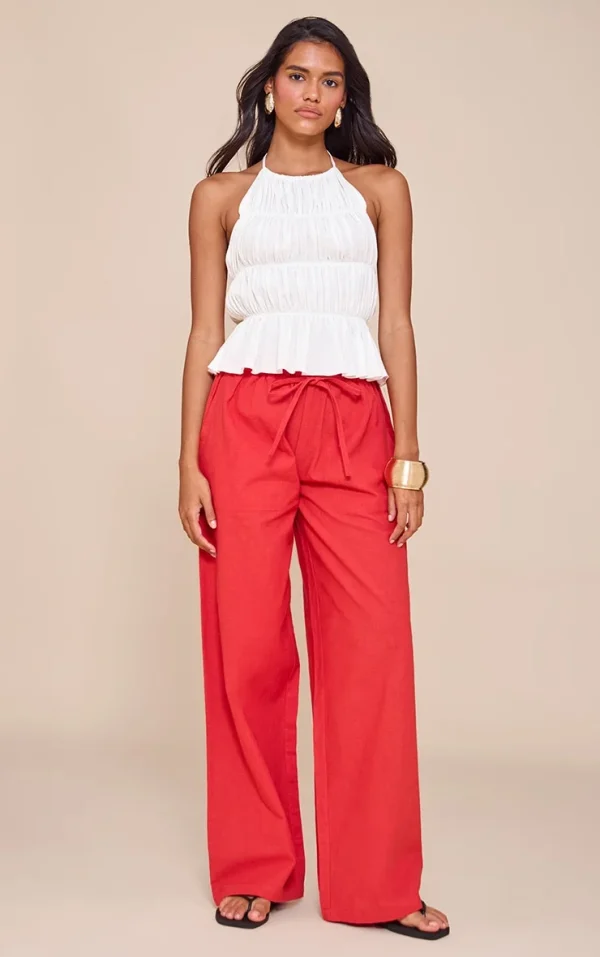 Tomato Red Linen Drawstring Waist Pants