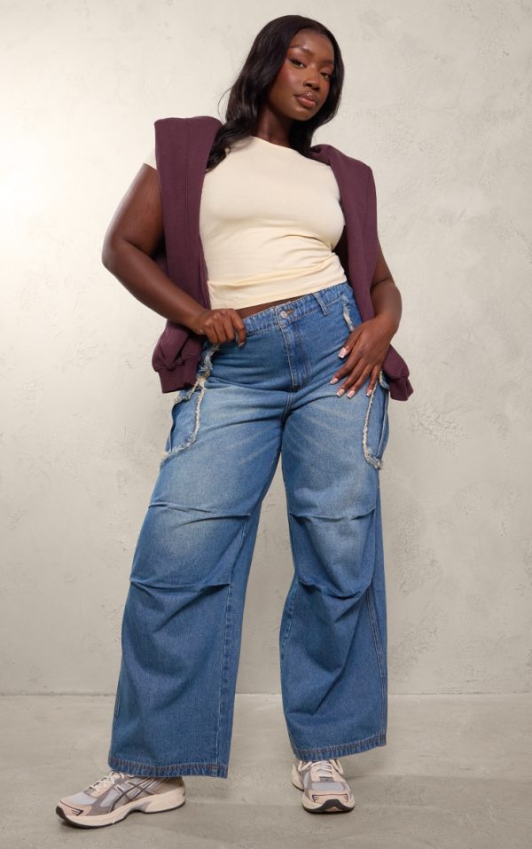 Plus Indigo Blue Wash Frayed Pocket Detail Wide Cargo Leg Jeans