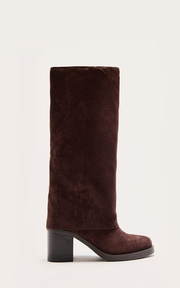 Chocolate Faux Suede Round Toe Fold Over Low Block Heel Boots