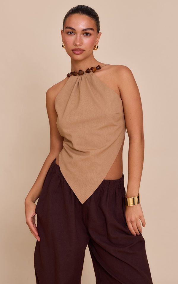 Light Brown  Beaded Pointed Hem Long Top