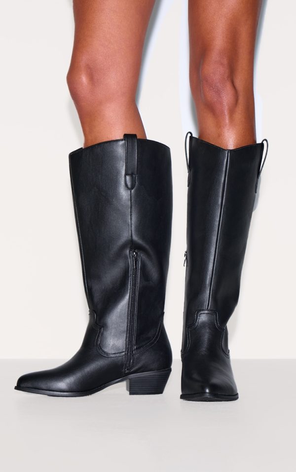 Black PU Wide Fit Point Toe Knee High Western Boots