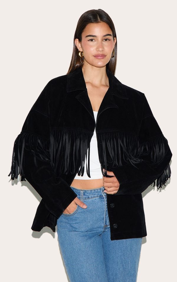 Black Faux Suede Heavy Fringed Jacket