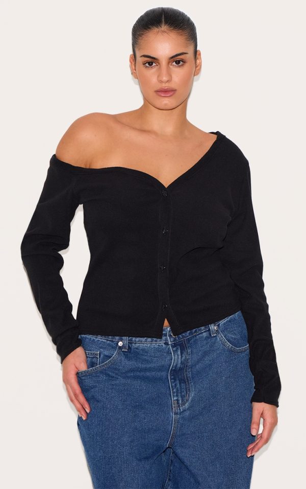 Plus Black Soft Touch Rib Asymmetric Detail Long Sleeve Top