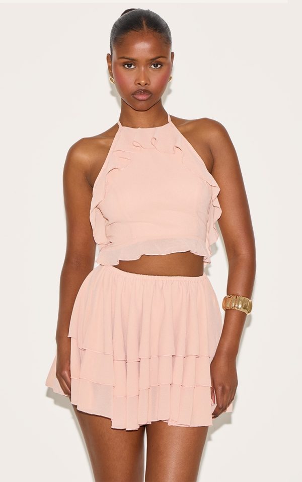 Blush Halterneck Frill Cut Out Shift Dress