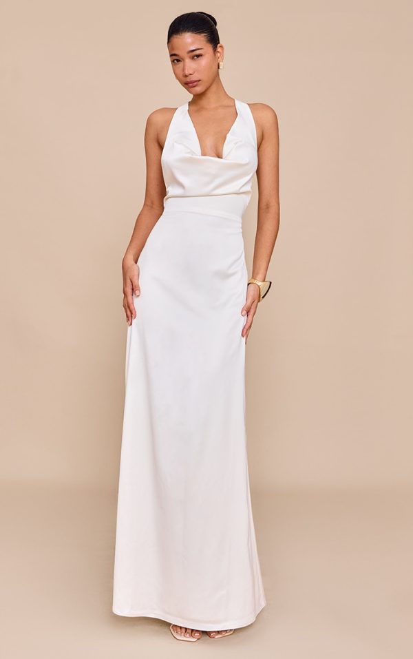 Cream Satin Cowl Neck Cross Back Maxi Dress
