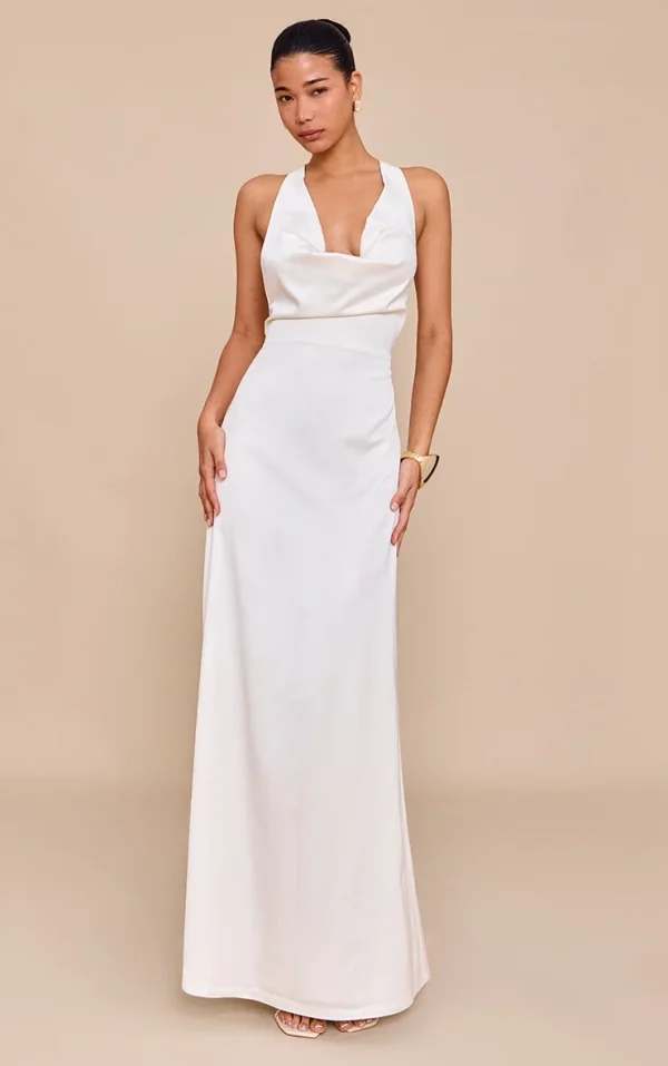 Cream Satin Cowl Neck Cross Back Maxi Dress