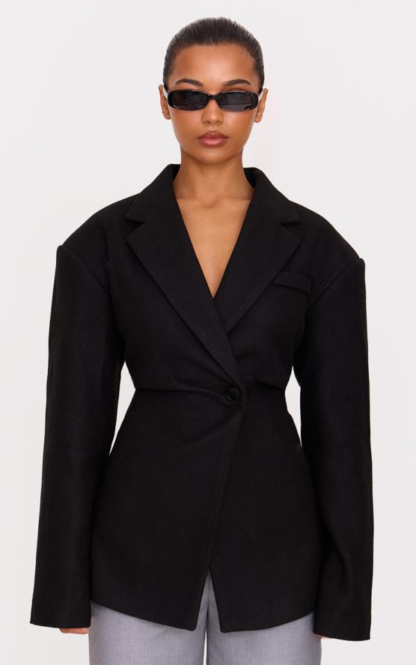 Black Wool Look Cinched Blazer