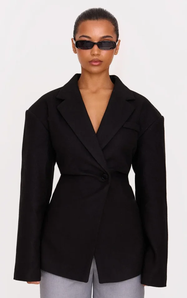 Black Wool Look Cinched Blazer