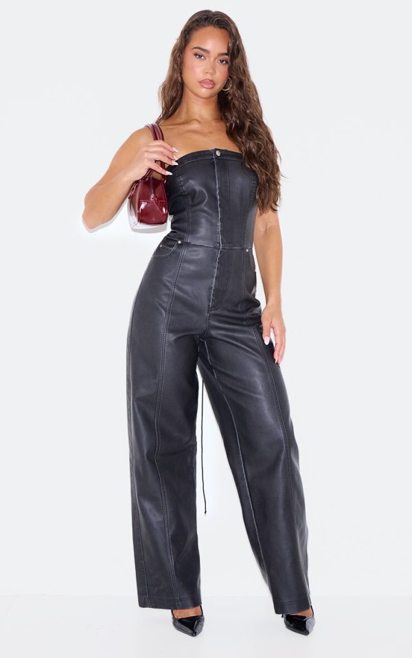 Black Faux Leather Bandeau Lace Back Straight Leg Jumpsuit