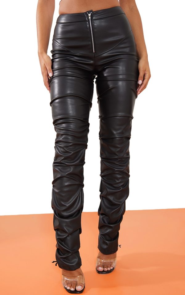 Black Faux Leather Zip Front Ruched Detail Skinny Pants