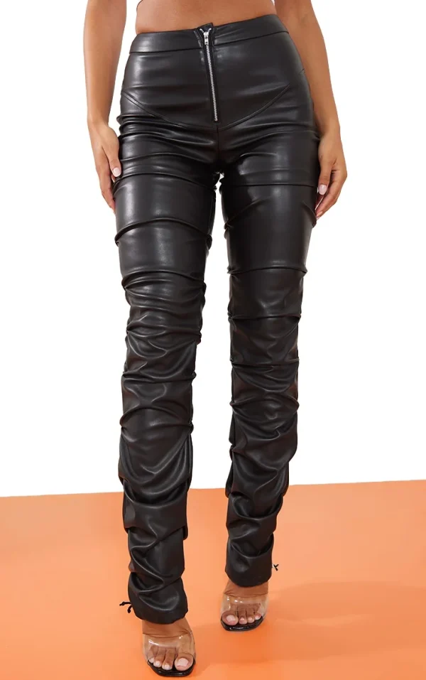 Black Faux Leather Zip Front Ruched Detail Skinny Pants