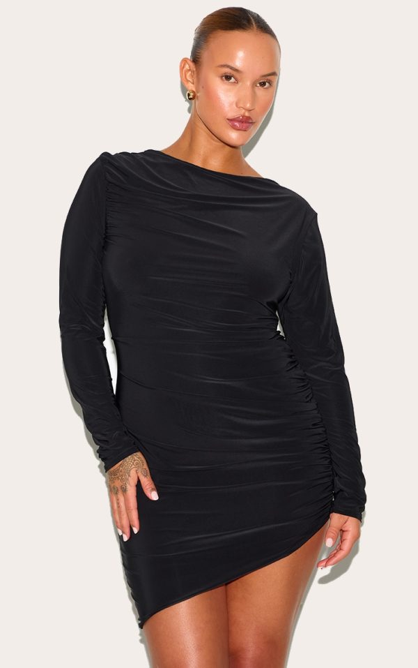 Plus Black Double Layer Slinky Ruched Long Sleeve Mini Dress