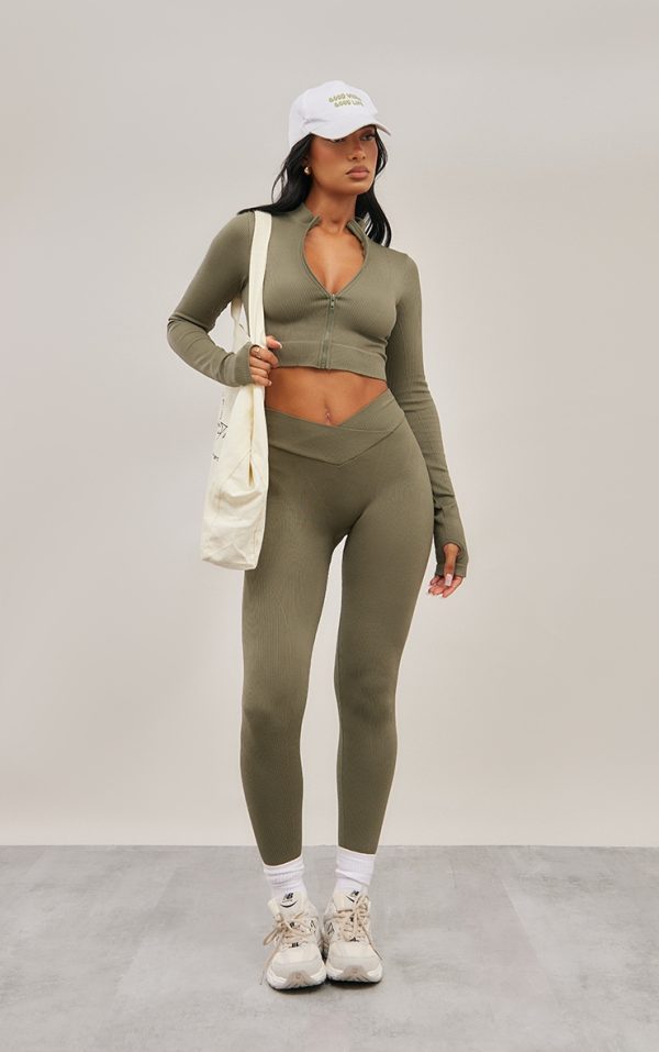 Olive Seamless Cross Front Seam Detail Leggings