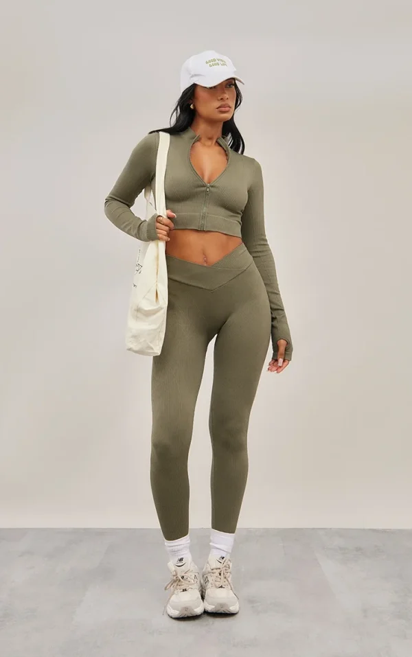 Olive Seamless Cross Front Seam Detail Leggings